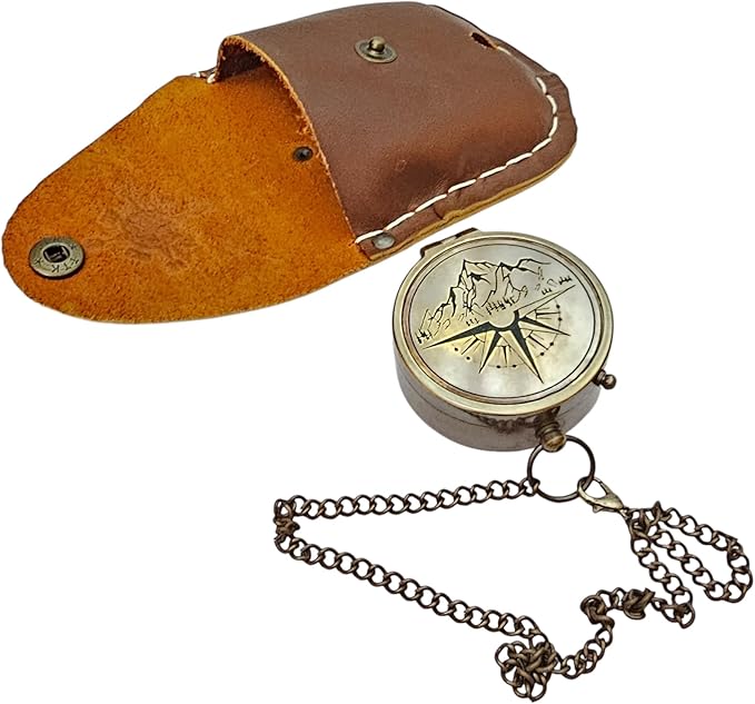 Antique Brass Compass with Detachable Chain & Carrying Case – Vintage Nautical Navigation Tool for Outdoor Hiking, Survival, and Travel – Gift for Collectors and Adventurers