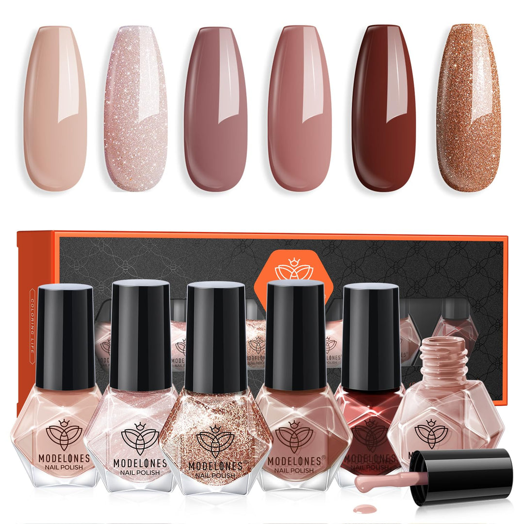 modelones Nail Polish Set 6 Colors, Nude Brown Burgundy Glitter Quick Dry Mini Nail Lacquer Kit, Skin Tone Dark Red Pink Nail Art DIY Home Travel Salon Nail Art Manicure Gift for Women Girls