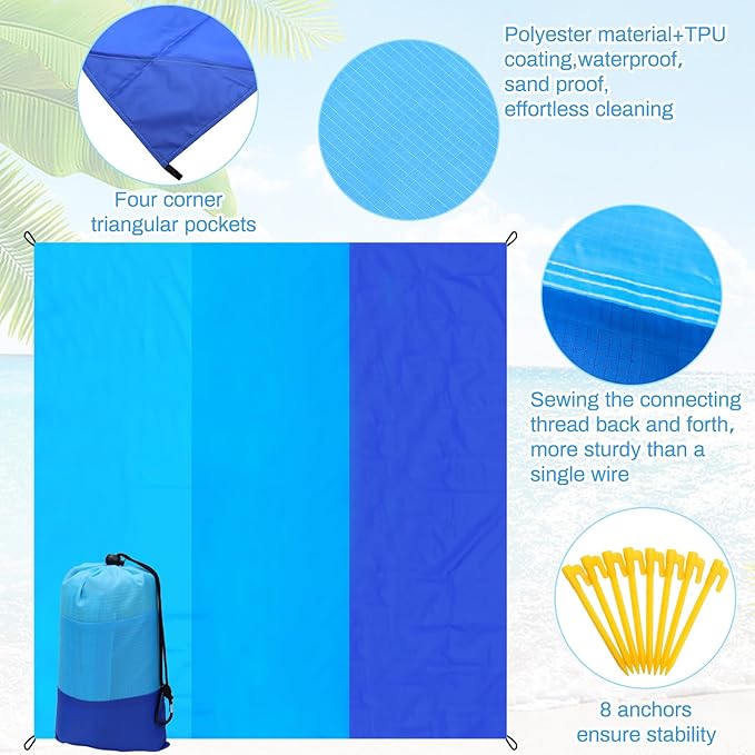 Beach Blanket Waterproof Sandproof Beach Mat 79" X 83" for 2-7 Adults Lightweight Quick Drying Outdoor Picnic Mat Beach Accessories for Travel, Picnic,Camping,Hiking (Blue)