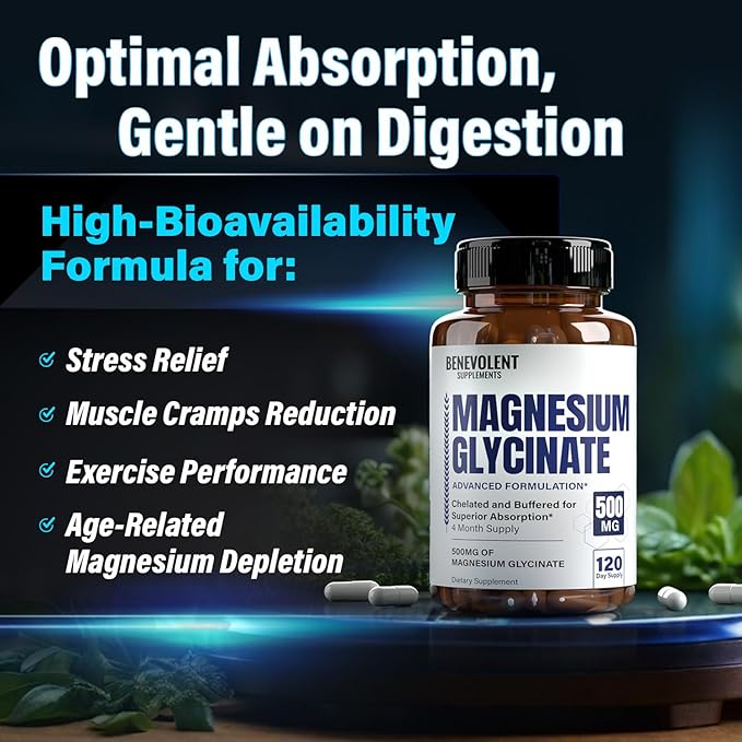 Premium Magnesium Glycinate 500mg Capsules High Absorption Formula Chelated Buffered Glycinate to Support Digestion, Bone, Sleep & Muscle Health - Made in USA - 120 Capsules