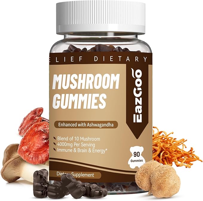 Mushroom Gummies Supplement - with Ashwagandha, Lions Mane, Shitake Mushrooms, Turkey Tail, Chaga, and Cordyceps Mushroom for Immune Health, Mood & Stress Support (90 Gummies)