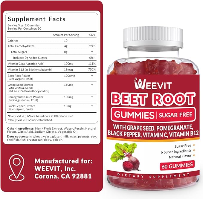 Beet Root Gummies, Nitric Oxide Supplement for Men Women | Organic Beet Gummy with Grape Seed, Pomegranate, Black Pepper, Vitamin C, B12