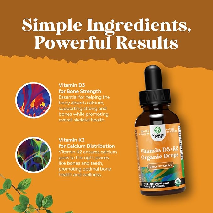 Liquid Vitamin D3 with K2 for Adults - Organic Vitamin D3 K2 Drops with 2000IU per Serving - Vegan Vitamin D3 Liquid Drops for Bone Muscle Heart & Immune Support with MCT Oil for Enhanced Absorption