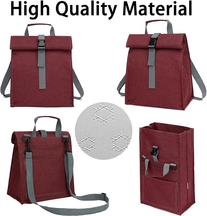 Insulated Lunch Bag for Men/Women/Kids, Roll top Reusable Lunch Box with Adjustable Shoulder Strap, Thermal Lunch Cooler Tote Container for Adults/Teens School Work Office Picnic,Red