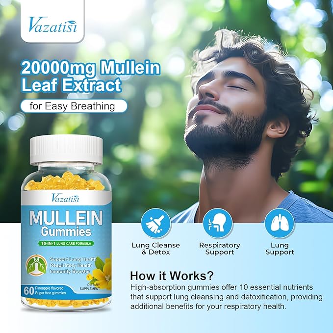 Mullein Gummies, Mullein Leaf Extract for Lungs Gummies with Bromelain, Quercetin, Magnesium - Lung Detox & Cleanse, Pineapple Flavor, 120Cts