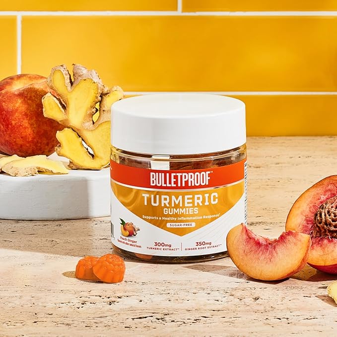 Bulletproof Sugar-Free Peach Ginger Turmeric Gummies, 60 Count, Keto Supplement for Joint and Inflammation Response Support, New and Improved Flavor and texure, Packaging May Vary