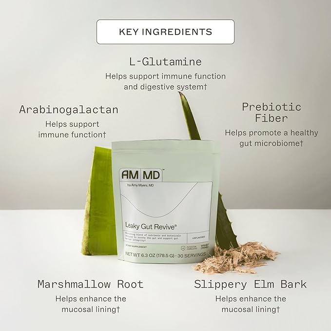 Amy Myers MD Leaky Gut Revive Powder for Leaky Gut Repair -L Glutamine, Slippery Elm -Supports Constipation, Diarrhea, Bloating, Heartburn, SIBO -Licorice & Marshmallow Root - Unflavoured-6.30 Oz