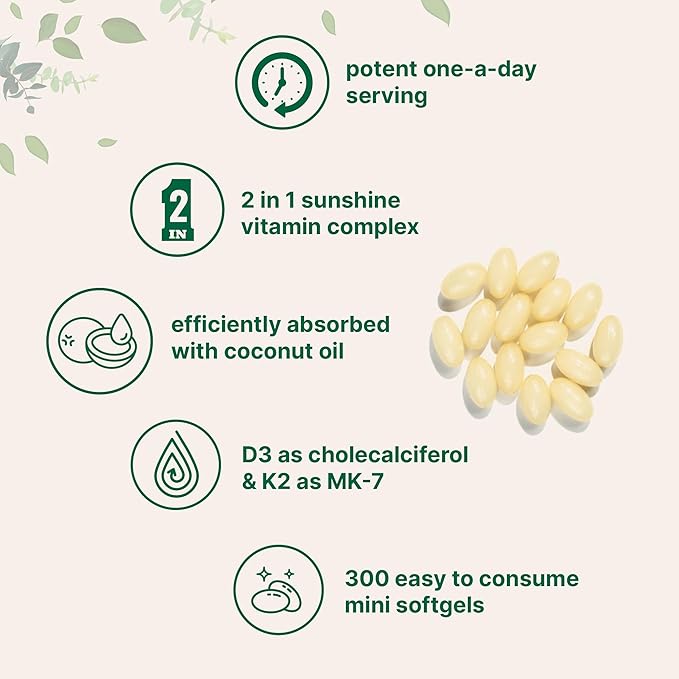 Micro Ingredients Vitamin D3 5000 IU Plus K2 (MK-7) 100 mcg, 300 Virgin Coconut Oil Softgels | 2 in 1 Vitamins D & K Complex | Supports Calcium Absorption, Bone, Immune, & Heart Health