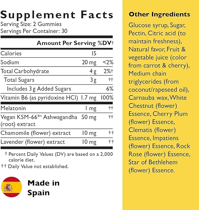 Bach RESCUE PLUS Sleep & Stress Support Gummies, Nighttime Dietary Supplement with 1mg Melatonin, Ashwagandha, Chamomile, Lavender & Vitamin B6, Natural Blueberry Flavor, Vegan & Gluten-Free, 60 Count