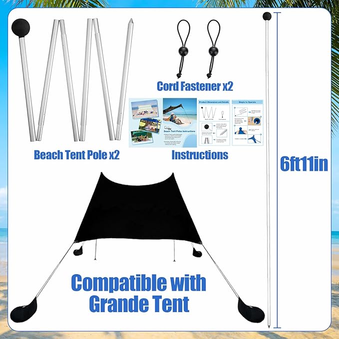 Beach Tent Poles Replacement - 6ft11in Extra Poles fits Neso Grande Canopy, 2 Packs Foldable Portable Aluminum Alloy Repairing Fixing Accessories for Camping Parties Fishing Hiking