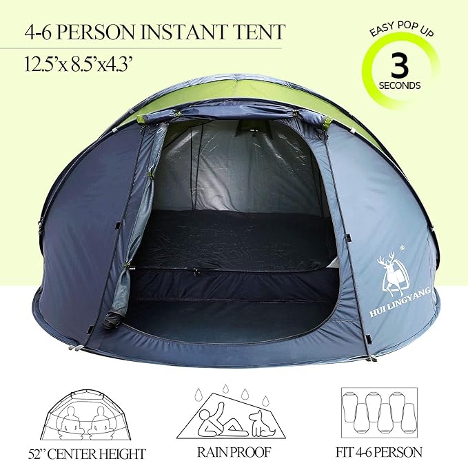 6 Person Easy Pop Up Tent,12.5’ x 8.5‘ x53.5,Automatic Setup,Waterproof, Double Layer,Instant Family Tents for Camping,Hiking & Traveling