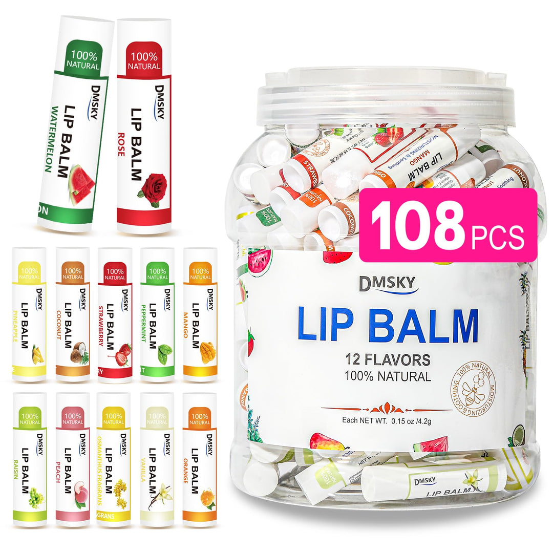 Dmsky Lip Balm Bulk 108 Pack, Lip Balm Hydrating With Vitamin E And Coconut Oil 12 Flavors, Lip Moisturizer Treatment - Party Fa