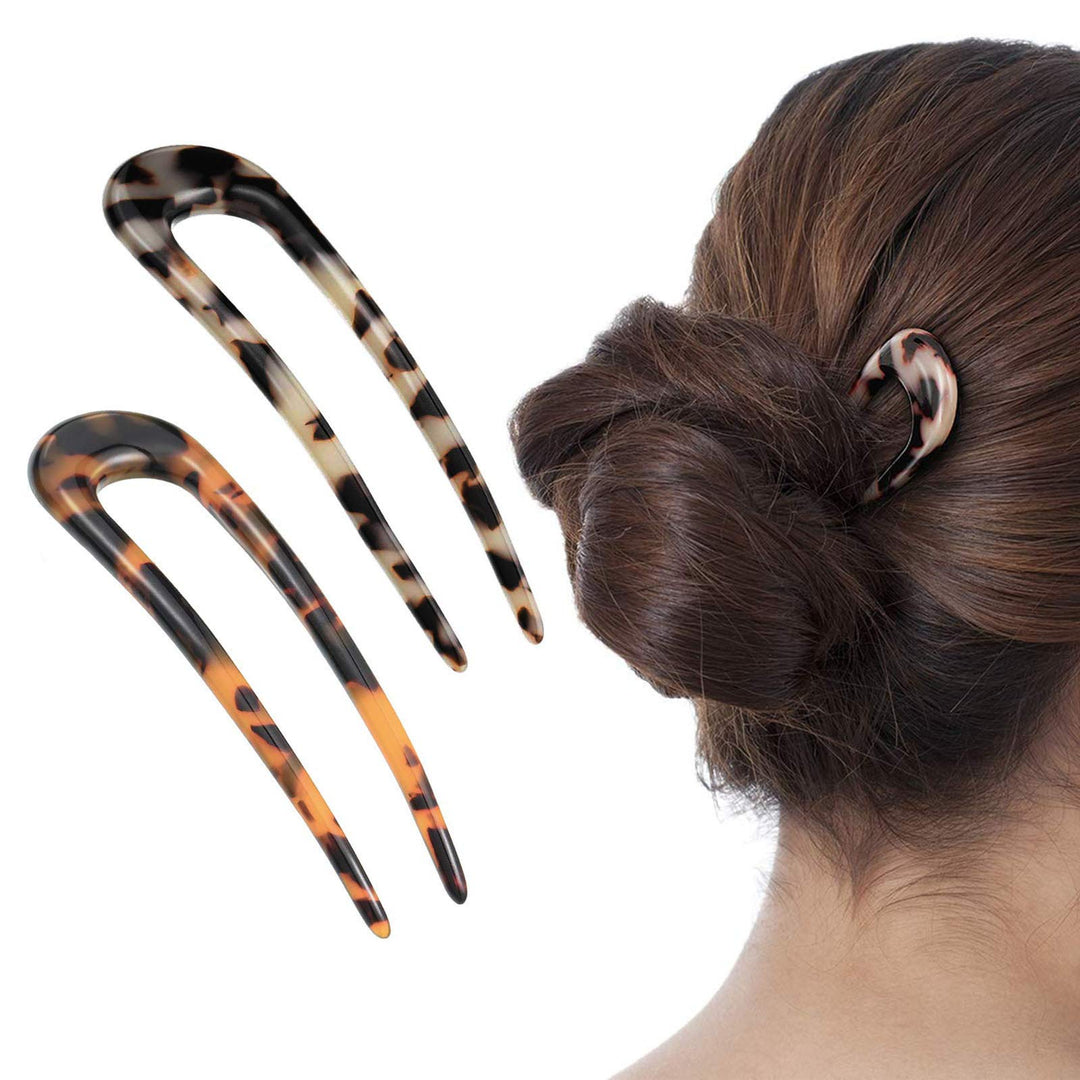 2 Pack Benefree French Style Cellulose Acetate Tortoise Shell U Shaped Hair Pins Fork 2 Prong Updo Chignon Pin For Women Girls H