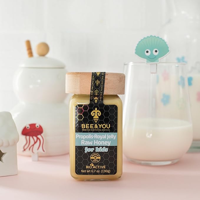 Bee and You Royal Jelly Raw Honey For Kids, Propolis Extract, 100% Natural Superfood, Ultra Pure, Immune Support Supplement, Antioxidants, Keto, Paleo, Gluten-Free, 6.7 oz