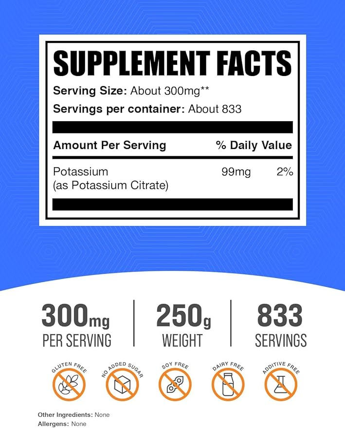 BulkSupplements.com Potassium Citrate Powder - Potassium Citrate Supplement, Potassium Powder, Potassium 99mg - Gluten Free, 300mg per Serving, 250g (8.8 oz) (Pack of 1)
