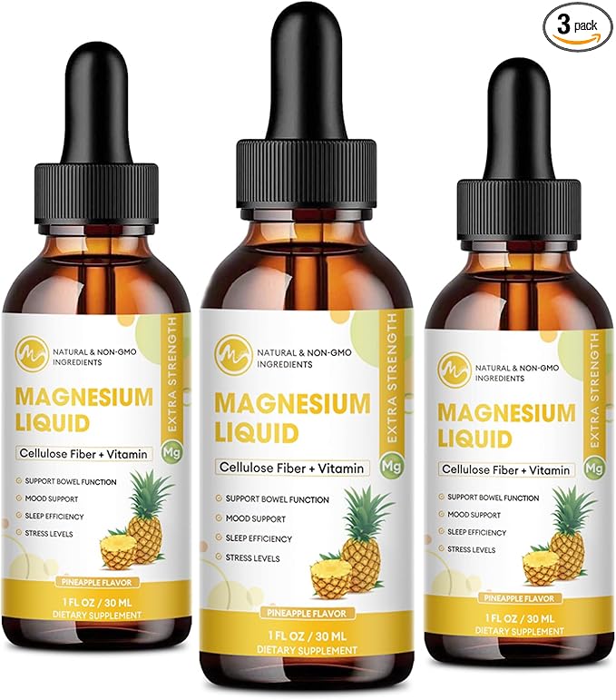 Liquid Magnesium Supplement with Cellulose Fiber, Bromelain, Vitamin B6, C, D, Zinc, Pineapple Flavor, 1 Fl Oz (Pack of 3)