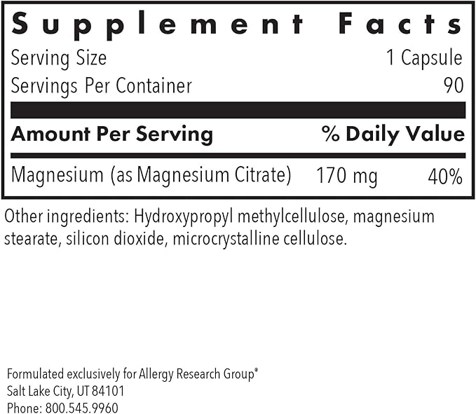 Allergy Research Group Magnesium Citrate Dietary Supplement - Bone & Stress Support, Well-Absorbed, Hypoallergenic, Vegetarian Capsules - 90 Count