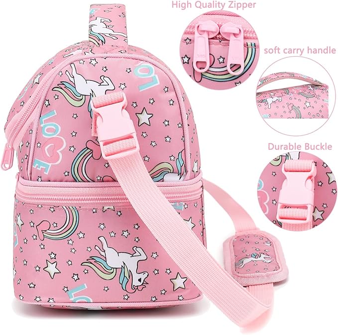 FlowFly Double Decker Cooler Insulated Lunch Bag Large Tote for Boys, Girls, Men, Women, With Adjustable Strap (Red-Unicorn)