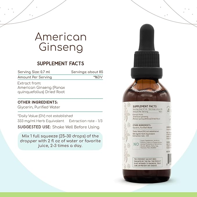 American Ginseng B60 Alcohol-Free Herbal Extract Tincture, Concentrated Liquid Drops Natural American Ginseng (Panax Quinquefolius) (2 fl oz)