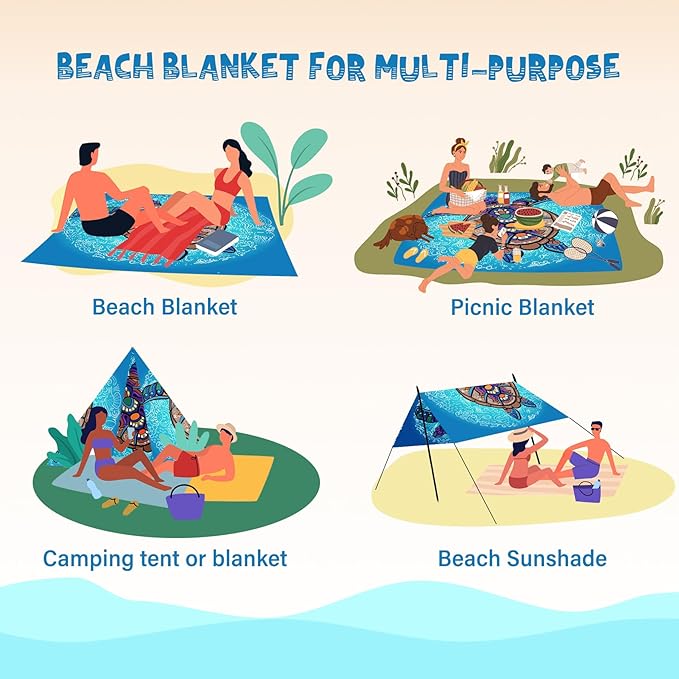 Beach Blanket Waterproof Sandproof 1-7 Adult Oversized 78 '' × 81 '' Lightweight Durable Compact Sand Free Beach Mat for Travel Camping Hiking Picnic Blanket Extra Large