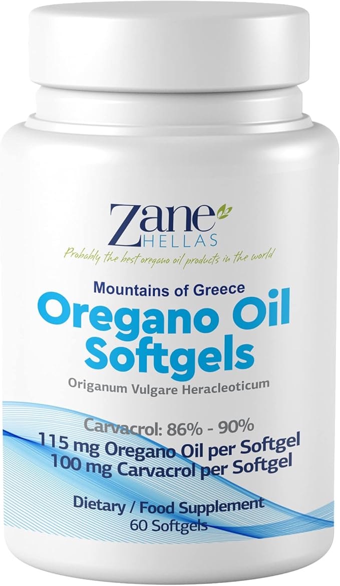 Zane Hellas Oregano Oil Softgels. Extra Strength. Every Softgel Contains 20% Greek Essential Oil of Oregano. 100 mg Carvacrol per Softgel. 60 Softgels.