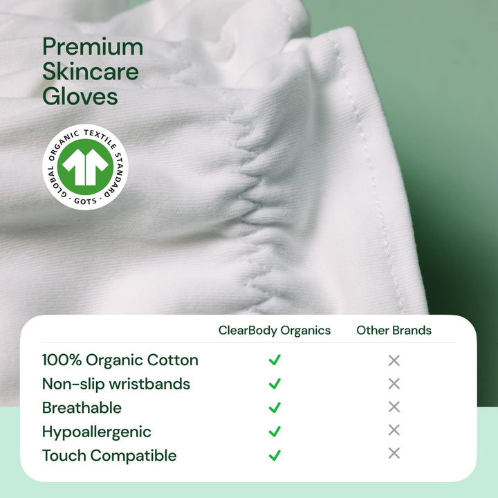 Clearbody Organics White Organic Cotton Gloves 5 Pairs (10 Pcs) – 100% Organic Cotton Gloves for Dry Hands –Reusable Moisturizing Gloves for Cracked Hands Repair (Medium)