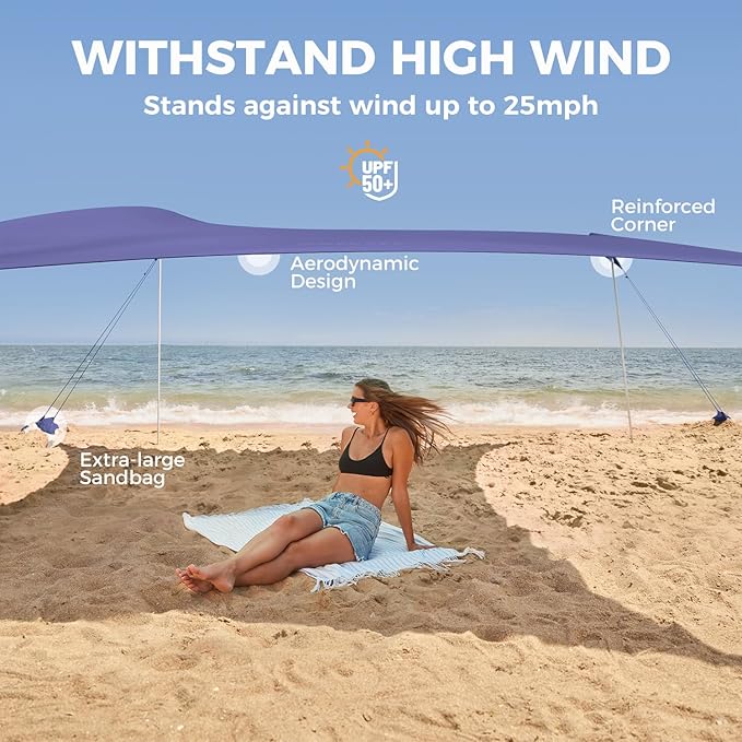 WEKAPO Beach Tent Sun Shelter - Easy Setup Beach Canopy with 4 Sturdy Poles, Extra Large Sandbags and Shovel, 7'8'' Tall, Windproof Sun Shade for Backyard and Camping, UPF 50+ Protection