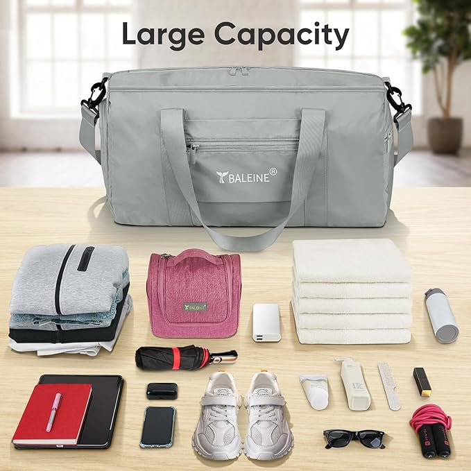 BALEINE Gym Bag for Women and Men, Duffel Bag for Sports, Gyms and Weekend Getaway, Waterproof Dufflebag with Shoe and Wet Clothes Compartments, Lightweight Carryon Gymbag (Silver)