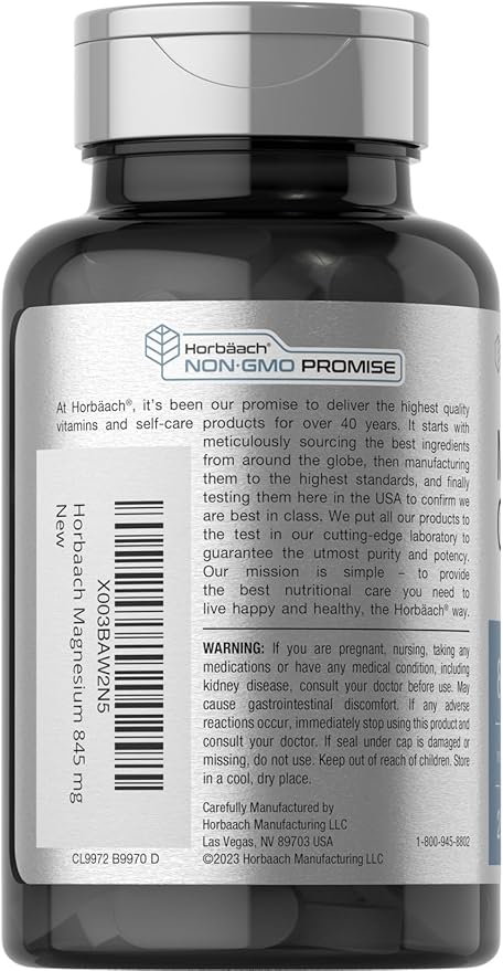 Horbäach Magnesium Oxide | 845 mg | 200 Coated Caplets | Vegetarian, Non-GMO, and Gluten Free Supplement