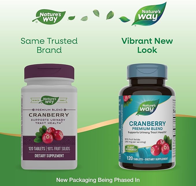 Nature's Way Cranberry Premium Blend, Supports Urinary Tract Health*, With Vitamin C, For Men & Women, No Gluten, 120 Tablets (Packaging May Vary)
