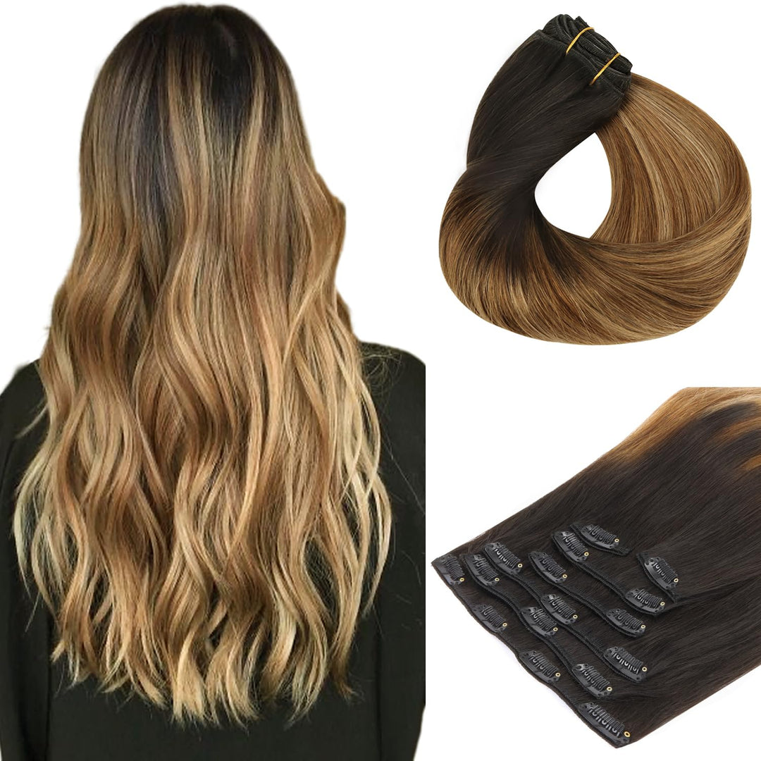 Hotbanana Human Hair Clip In Hair Extensions, Dark Brown To Chestnut Brown And Dirty Blonde Highlighted (Warm Tone) 120G Clip In