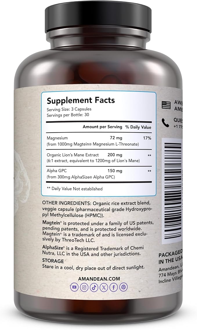 AMANDEAN Brain Health Supplement. Magnesium L-Threonate (Magtein), Lion's Mane Mushroom Extract, Alpha GPC Choline Complex. Nootropic Cognitive Support for Memory, Focus, Clarity. 90 Veggie Capsules.