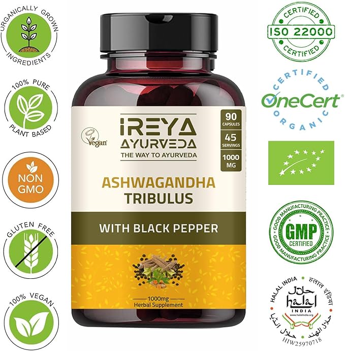 Ashwagandha Capsules Organic 1000mg (90 Capsules) Made with Tribulus Terrestris, Shatavari and Black Pepper Organic Ingredients | 45 Days Supply