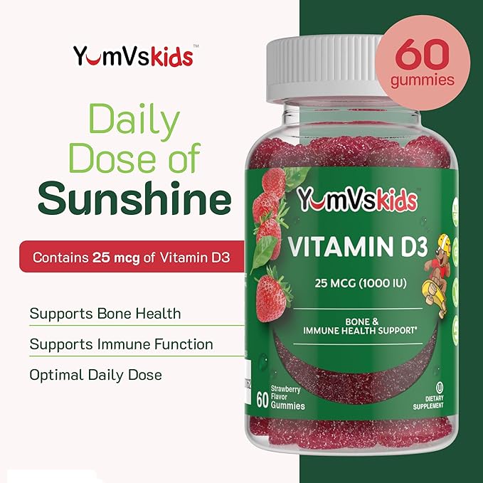 YUM-V's Chewable Vitamin D Gummies for Kids - Vitamin D 1000 IU - Vitamin D3 Gummies - Kids Vit D3 Dietary Supplements - Children's Vitamin D3 1000IU - Bone Health & Immune Support (60 Count)