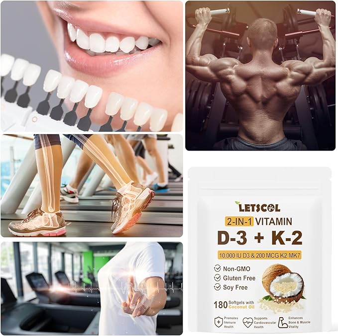 2-in-1 Vitamin D3 K2 Supplement Softgel, Vitamin D3 10000 IU and Vitamin K2 200 mcg, K2 MK7 with D3 Vitamin Supplement Support Immune, Heart, Joint, Teeth & Bone Health