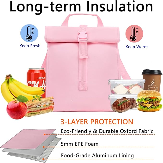Insulated Lunch Bag for Men/Women/Kids, Roll top Reusable Lunch Box with Adjustable Shoulder Strap, Thermal Lunch Cooler Tote Container for Adults/Teens School Work Office Picnic,Pink