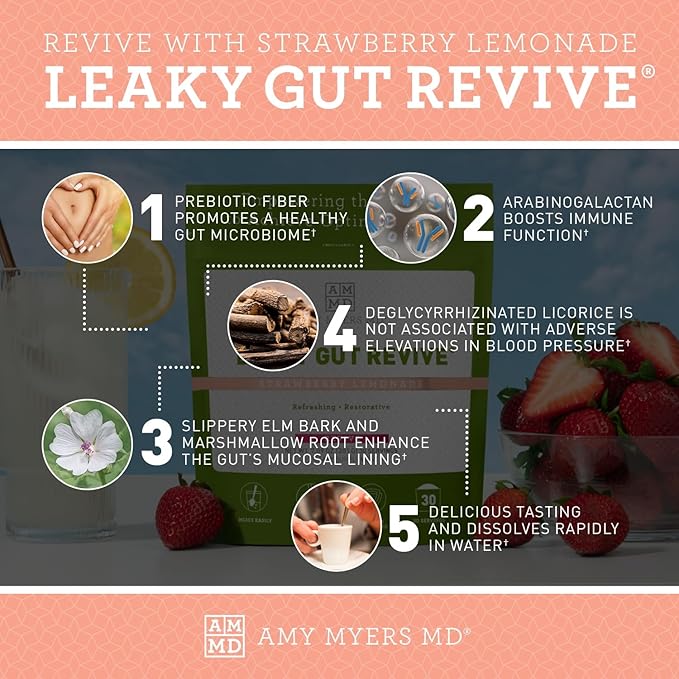 Amy Myers MD Leaky Gut Revive Powder for Gut Repair -L Glutamine, Slippery Elm -Supports Constipation, Diarrhea, Bloating, Heartburn, SIBO -Licorice & Marshmallow Root -Strawberry Lemonade- 7.09 Oz