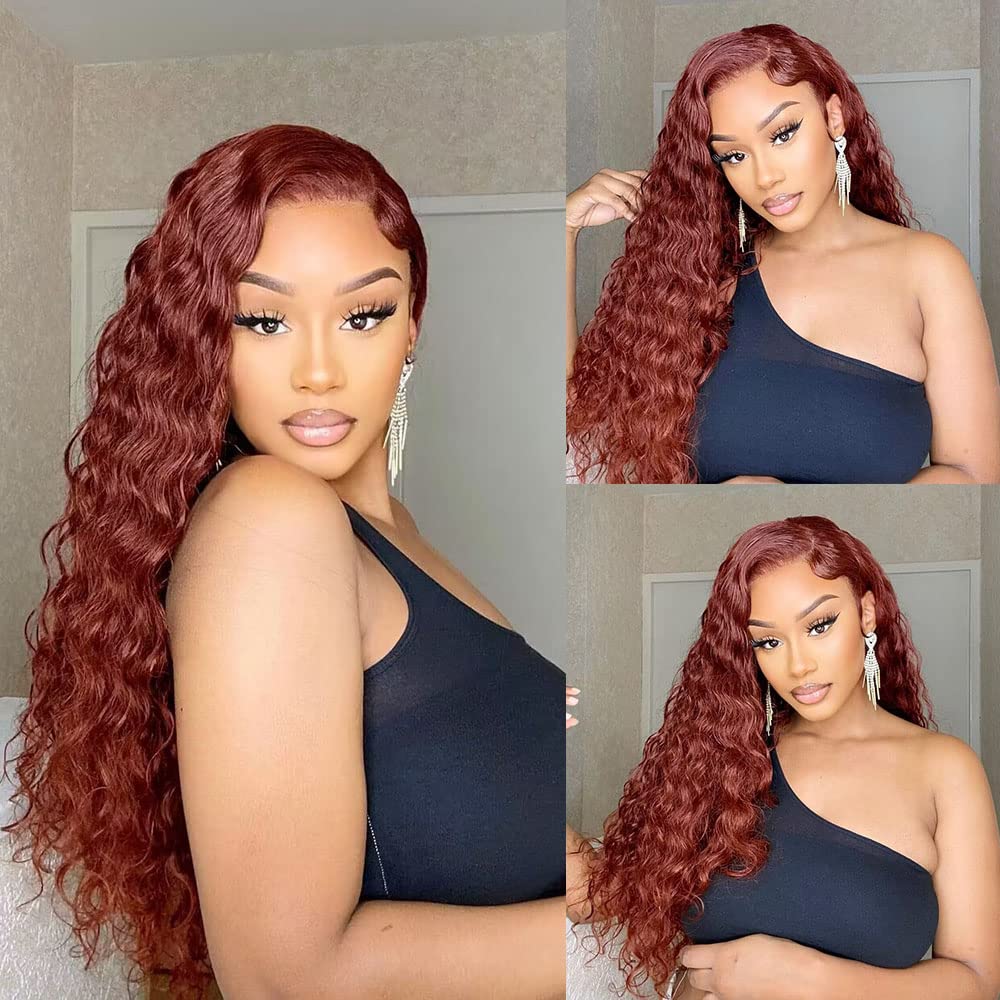 28Inch Reddish Brown Deep Wave Lace Front Wigs Human Hair Wigs For Black Women 180% Density Cooper Red Colored Human Hair Wig 13