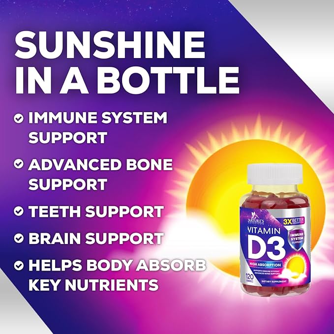 Vitamin D3 Supplement Gummy 5000 IU (125 mcg) Dietary Vitamins D for Men & Women - Bone, Teeth, Muscle & Immune Health Support, High Potency VIT D3 Nature's Non-GMO & Gluten Free - 120 Gummies