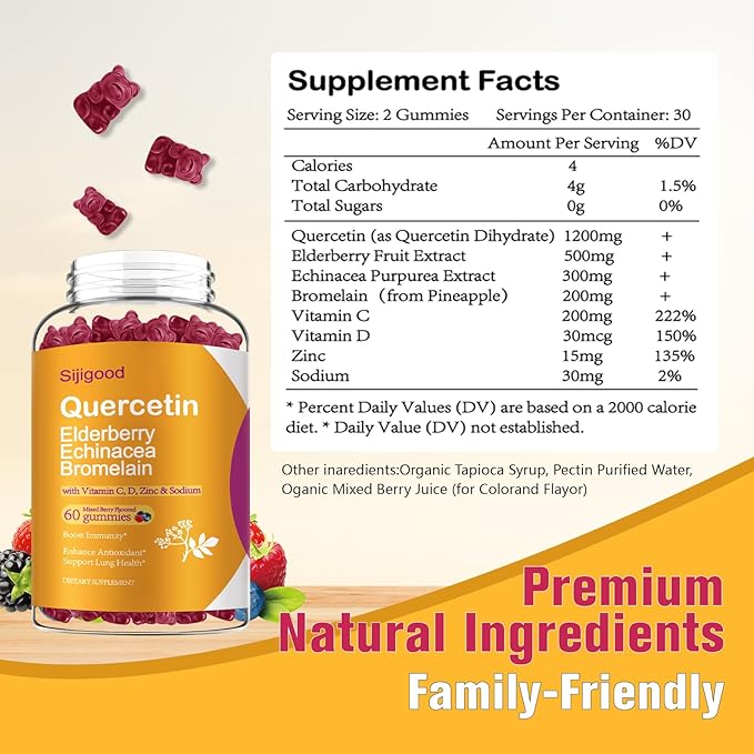 2 Packs Quercetin with Bromelain Gummies, Elderberry, Echinacea, Vitamin C D Zinc - Immune System Support 120 Counts Pure Quercetin Supplements Gummies for Kids & Adults