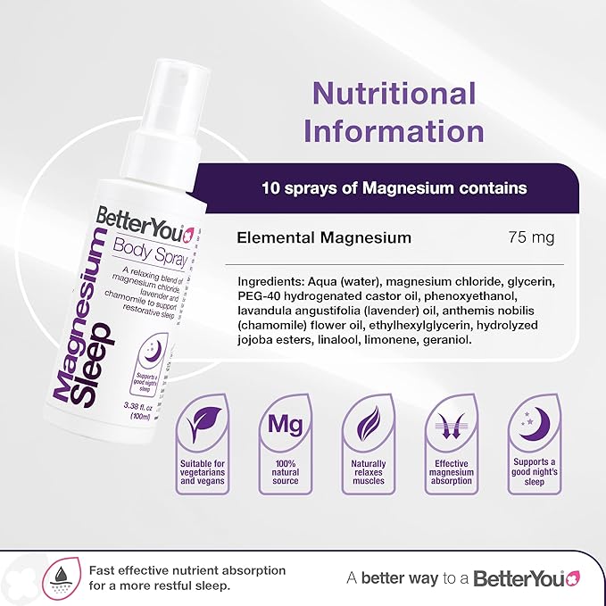 BetterYou Magnesium Sleep Body Spray - Relaxing Topical Magnesium and Essential Oil Spray - Lavender and Chamomile - Promotes Better Sleep - 3.38 oz