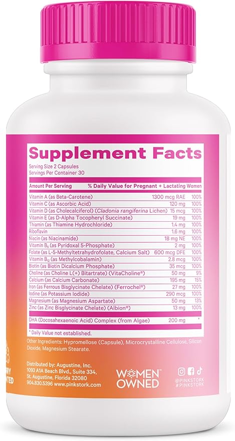 Pink Stork Total Prenatal Vitamins with DHA, Folate, Iron, Choline, and Vitamin B12 - Prenatals for Women to Support Fetal Development, Pregnancy Must Haves, Berry Essence, 60 Capsules, 1 Month Supply