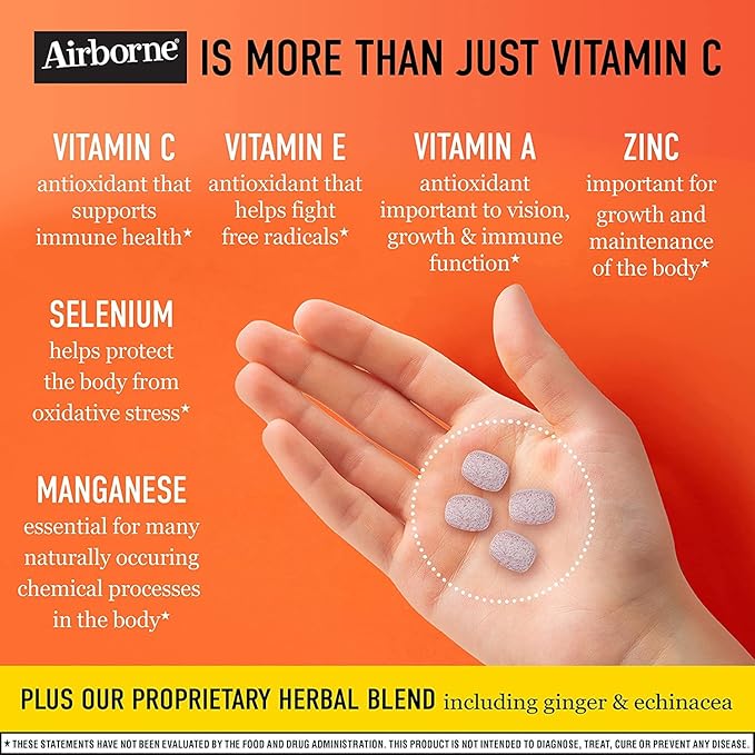Airborne 1000mg Vitamin C + Zinc Immune Support Supplement Chewable Tablets, Very Berry & Citrus Flavor with Powerful Antioxidants Vitamins A C & E, 116 Chewable Tablets