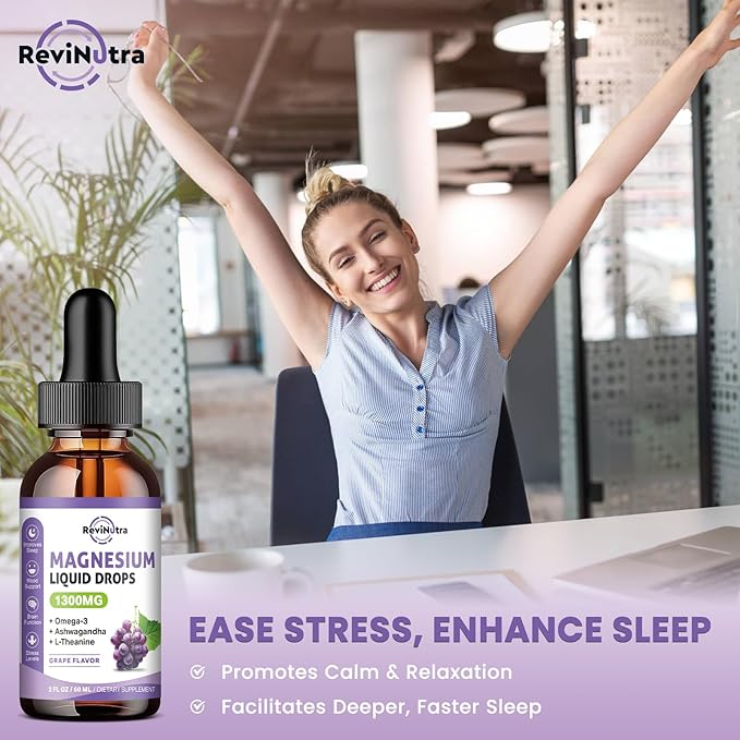 2 Pack Magnesium Liquid Drops, Calm Magnesium Glycinate Liquid Drops with Taurate & Citrate, Potassium, Omega3, L-Theanine, Ashwagandha, D3, B6, B12 for Sleep, Muscle, Heart, Sugar-Free Grape Flavor