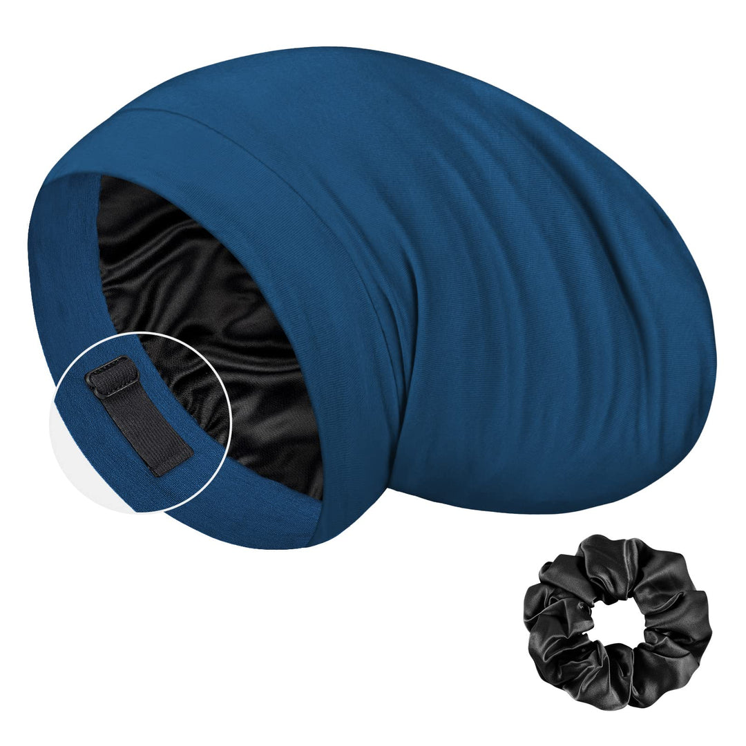 LULUSILK Mulberry Silk Bonnet for Sleeping Women, Real Silk Sleep Cap for Curly Hair and Braids, Pure Silk Head Wrap with Scrunchies, Bijou Blue