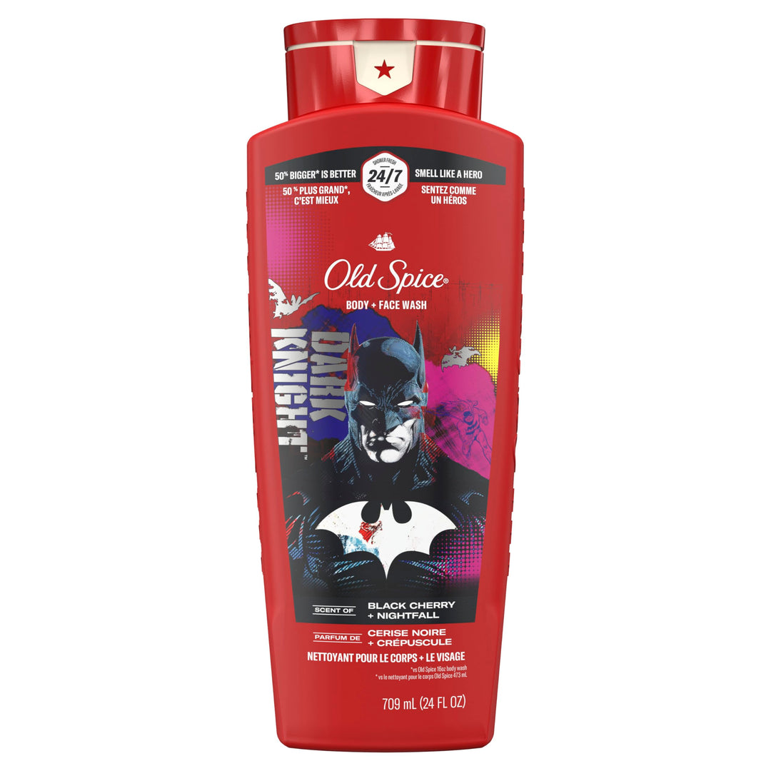 Old Spice Cleansing Body Wash for Men, 3X Defense, 24/7 Shower Fresh with Lasting Scent, 2-in-1 Body & Face Wash, Smell Like a Hero, Batman, Black Cherry and Nightfall Scent, 24 oz