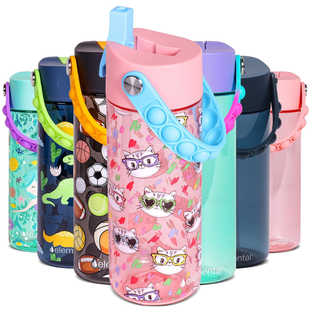Elemental Leak Proof Water Bottles for Kids - Splash Kids Water Bottle for School with Fun Fidget Pop-it Handle - BPA Free Tritan Plastic Reusable Water Bottle with Straw - Stylish Cat - 18oz