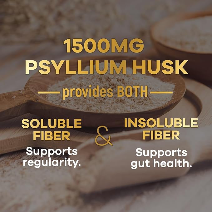 Psyllium Husk Fiber Supplement 1500mg, Natural Daily Soluble & Insoluble Fiber Pills, Psyllium Husk Powder Capsules Supports Digestion Colon Health & Regularity, Plant Based Supplement - 60 Capsules
