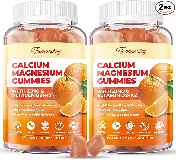 Calcium Magnesium Zinc Gummies with Vitamin D3 & K2 - High Absorption Magnesium Glycinate 400mg - Sugar Free Calcium Supplement - Support Nerve Muscle Mood & Immunity - for Adults Men Women Kids