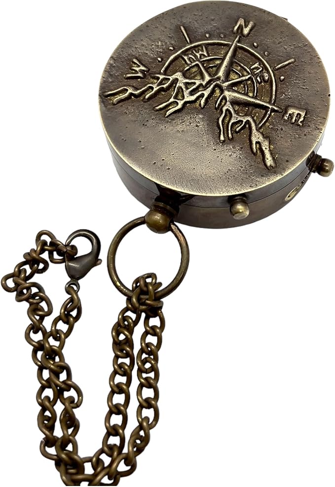 Antique Brass Compass with Detachable Chain & Carrying Case – Vintage Nautical Navigation Tool for Outdoor Hiking, Survival, and Travel – Gift for Collectors and Adventurers
